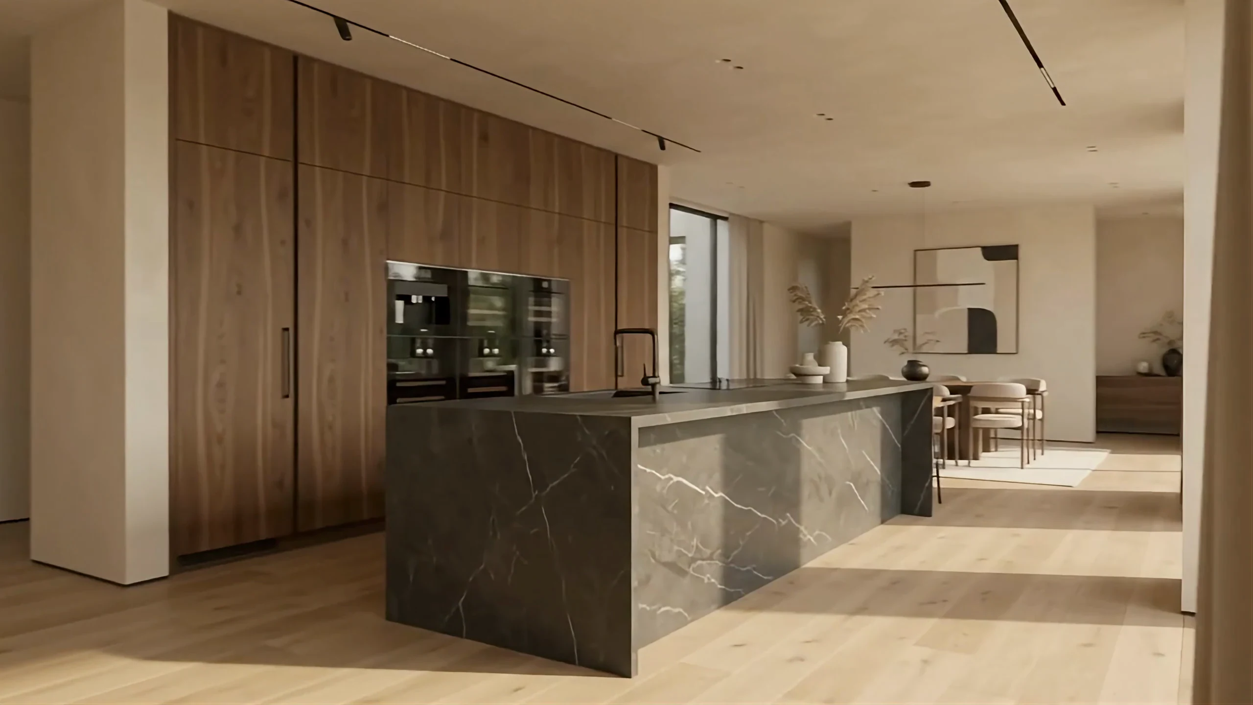 Cocina de nogal con una gran isla de piedra oscura iluminada por el sol