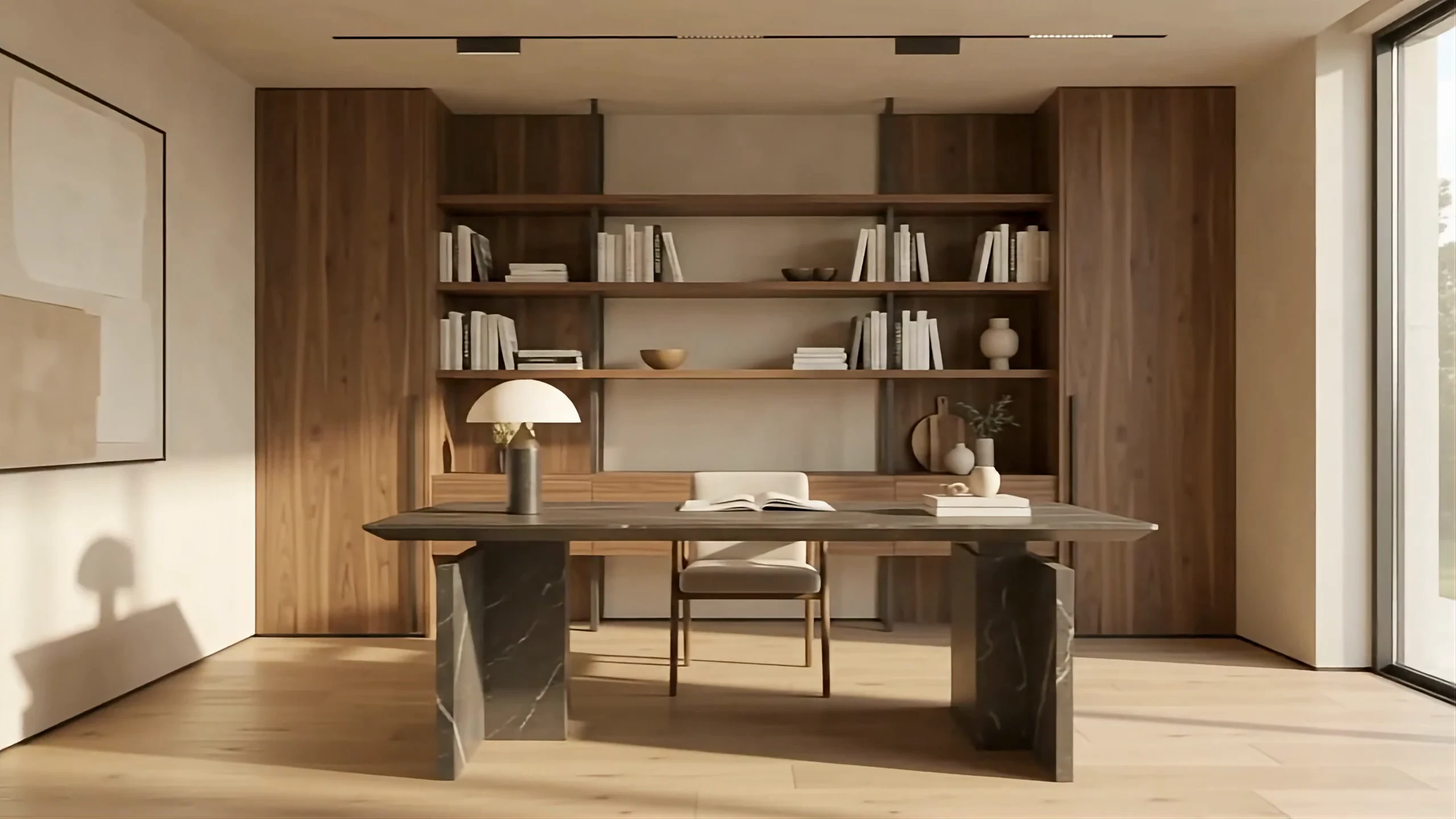 Estudio simétrico con escritorio de madera, biblioteca de nogal y lámpara de mesa