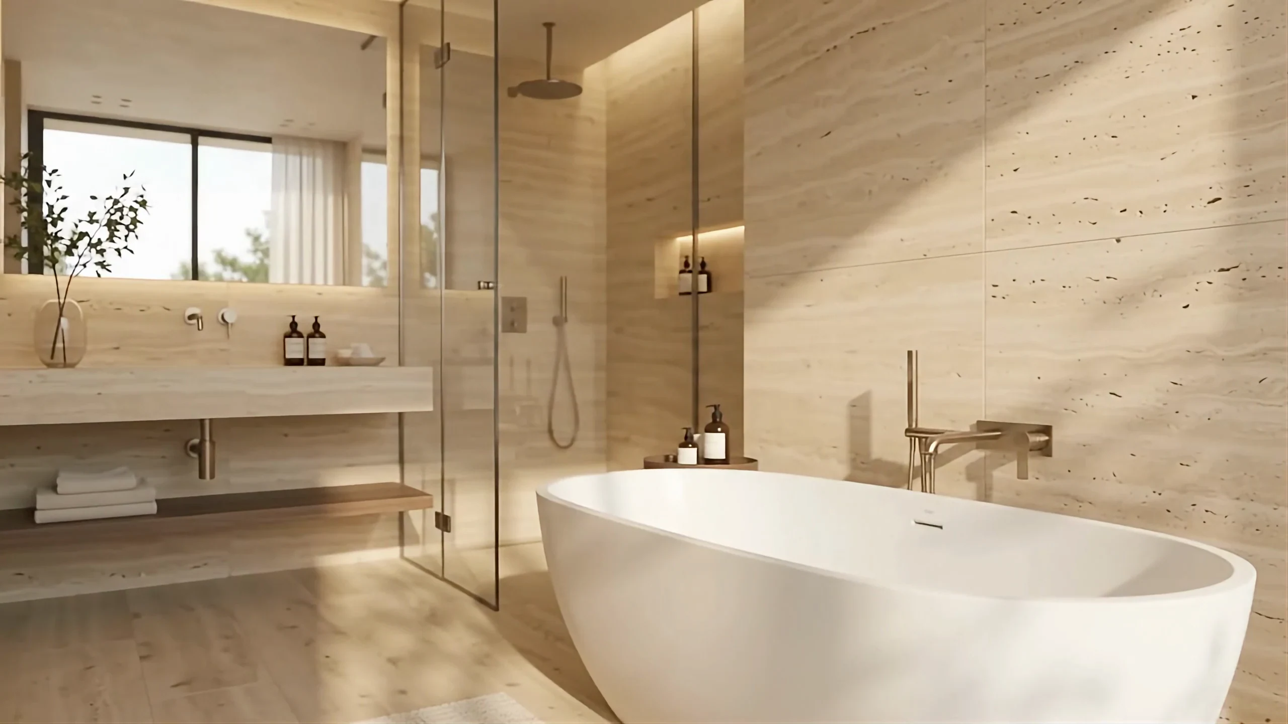 Baño de travertino con bañera independiente, ducha de vidrio y luz cálida