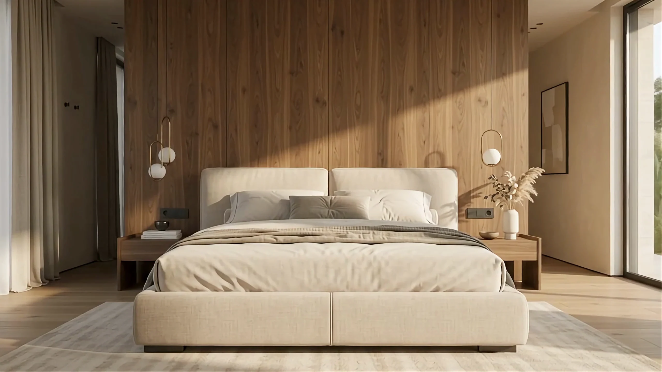 Dormitorio con cama tapizada beige, pared de nogal y lámparas colgantes